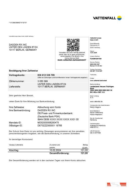 Germany VATTENFALL business utility bill template in Word and PDF formats